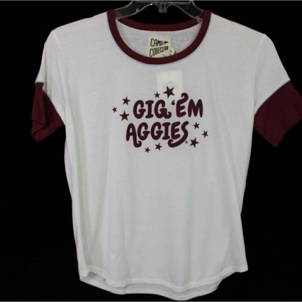 SUMMIT CAMP COLLECTION JANIE TEE 1/2 SLV RINGER W/WIDE CUFF GIG'EM AGGIES M NWT